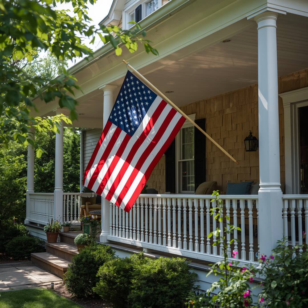 American flag displayed on a front porch